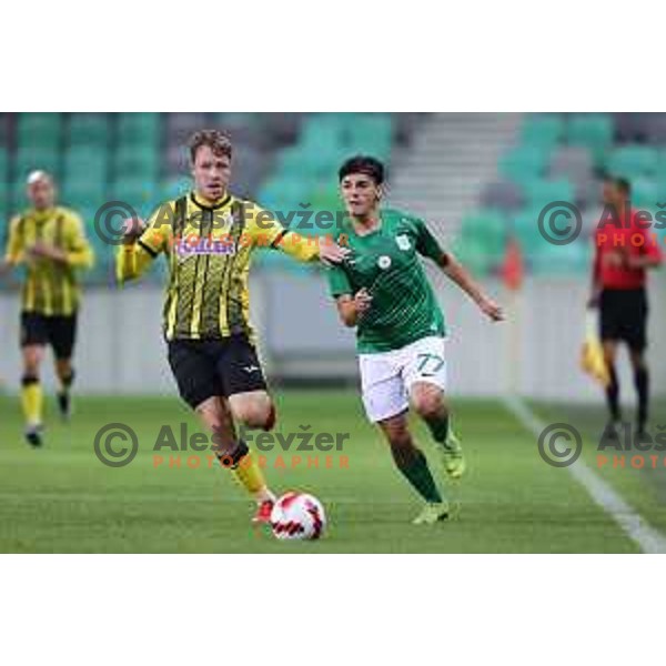 Gal Primc and Almedin Ziljkic in action during Prva Liga Telemach football match between Olimpija and Kalcer Radomlje in Ljubljana, Slovenia on September 25, 2021