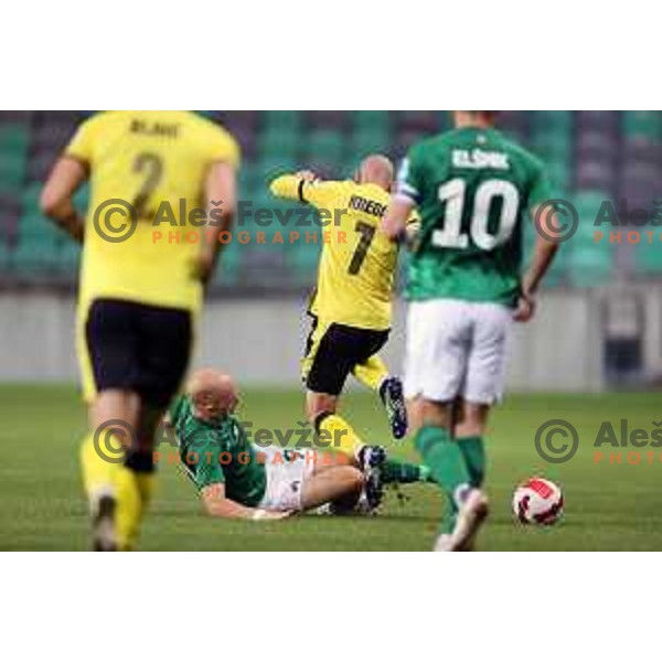 Tomislav Tomic and Oliver Kregar in action during Prva Liga Telemach football match between Olimpija and Kalcer Radomlje in Ljubljana, Slovenia on September 25, 2021