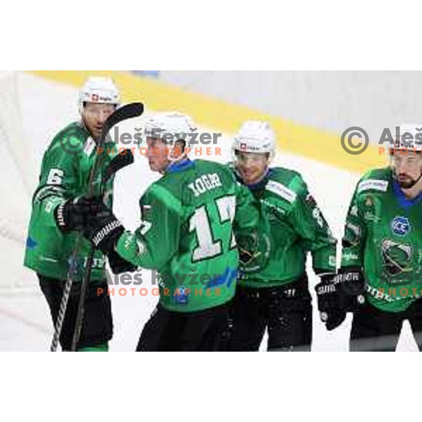 Miha Logar and Nik Simsic in action during IceHL 2021-2022 regular season ice-hockey match between SZ Olimpija and Black Wings Linz in Tivoli Hall, Ljubljana, Slovenia on September 26, 2021