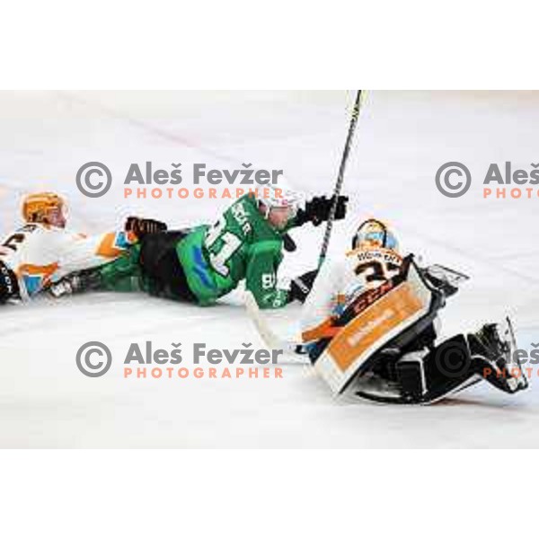 TAdej Cimzar in action during IceHL 2021-2022 regular season ice-hockey match between SZ Olimpija and Black Wings Linz in Tivoli Hall, Ljubljana, Slovenia on September 26, 2021