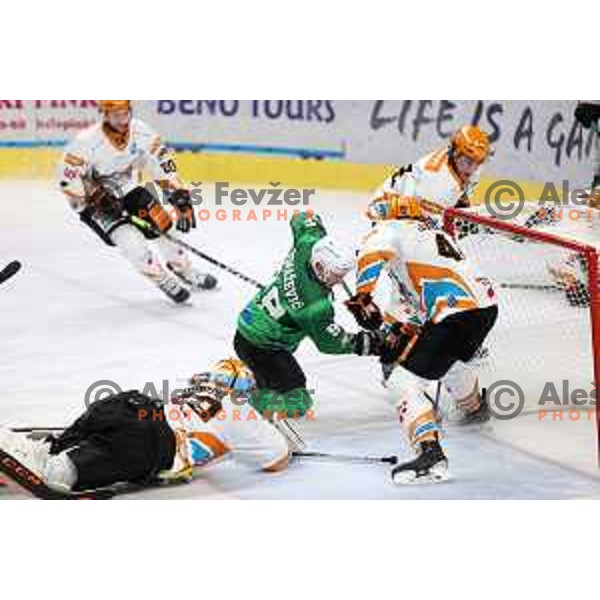 TAdej Cimzar in action during IceHL 2021-2022 regular season ice-hockey match between SZ Olimpija and Black Wings Linz in Tivoli Hall, Ljubljana, Slovenia on September 26, 2021