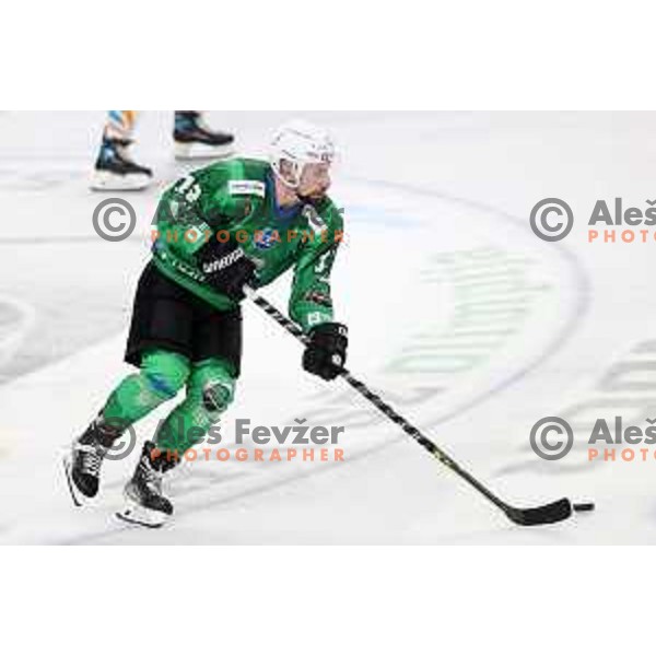 Nik Simsic in action during IceHL 2021-2022 regular season ice-hockey match between SZ Olimpija and Black Wings Linz in Tivoli Hall, Ljubljana, Slovenia on September 26, 2021