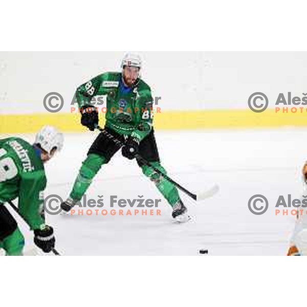 Miha Zajc in action during IceHL 2021-2022 regular season ice-hockey match between SZ Olimpija and Black Wings Linz in Tivoli Hall, Ljubljana, Slovenia on September 26, 2021