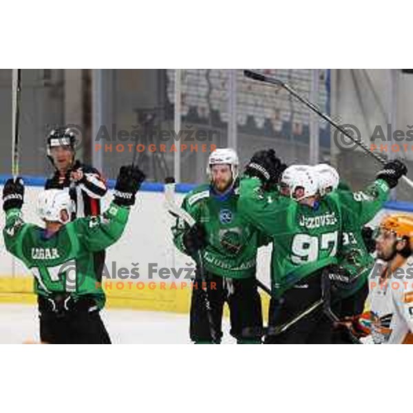 Action during IceHL 2021-2022 regular season ice-hockey match between SZ Olimpija and Black Wings Linz in Tivoli Hall, Ljubljana, Slovenia on September 26, 2021