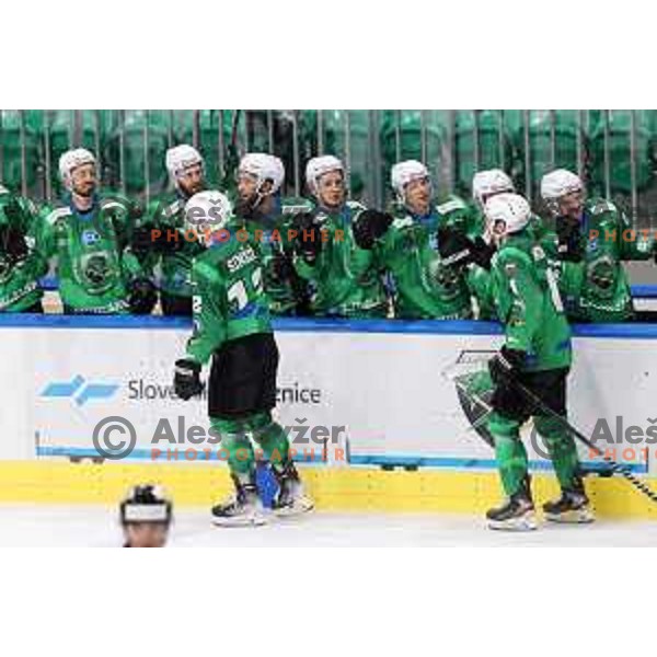 Nik Simsic in action during IceHL 2021-2022 regular season ice-hockey match between SZ Olimpija and Black Wings Linz in Tivoli Hall, Ljubljana, Slovenia on September 26, 2021