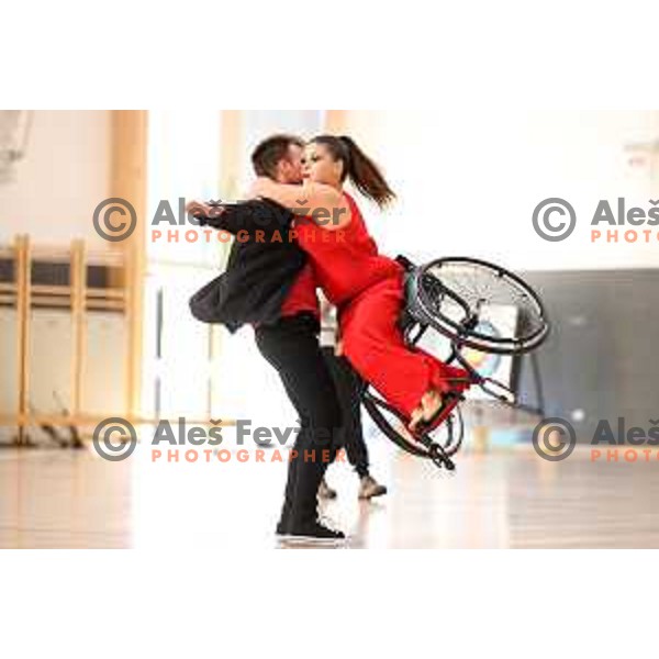 Klemen Dremelj and Lara Nedeljkovic perform during Day of Paralympic sports in Menges Sports Hall, Slovenia on September 27, 2021