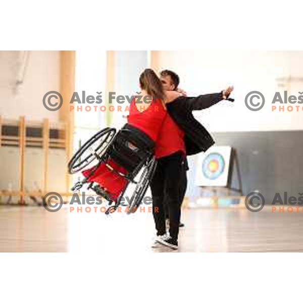 Klemen Dremelj and Lara Nedeljkovic perform during Day of Paralympic sports in Menges Sports Hall, Slovenia on September 27, 2021