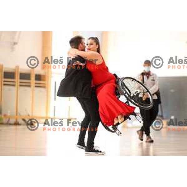 Klemen Dremelj and Lara Nedeljkovic perform during Day of Paralympic sports in Menges Sports Hall, Slovenia on September 27, 2021