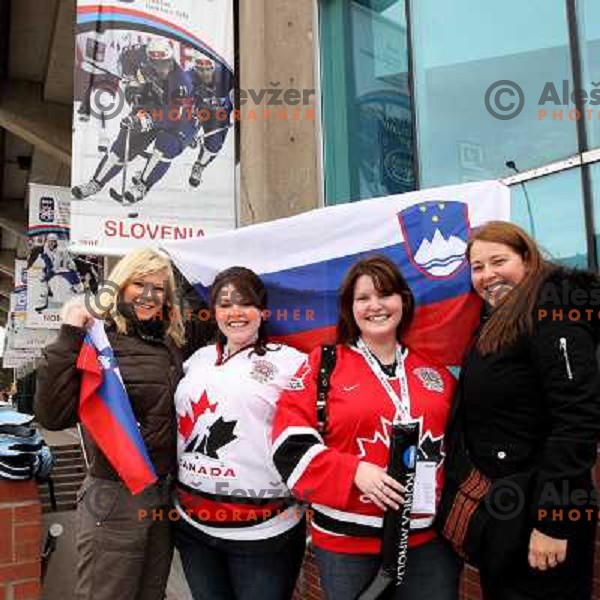 Slovenian and canadian fans one day before opening game of IIHF World championship in Halifax , Canada , May 1st 2008. 