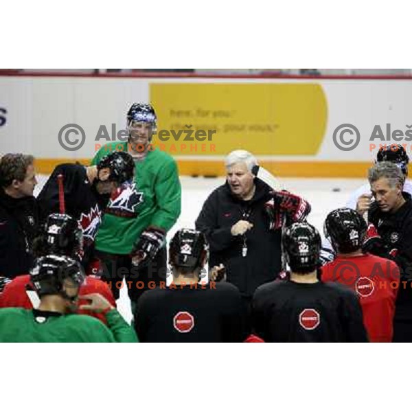 Canada head coach Ken Hitchcock talks to his players during practice before start of IIHF World champinship 2008 in Metro Centre, Halifax, Nova Scotia, Canada 1st of May 2008. Photo by Ales Fevzer 