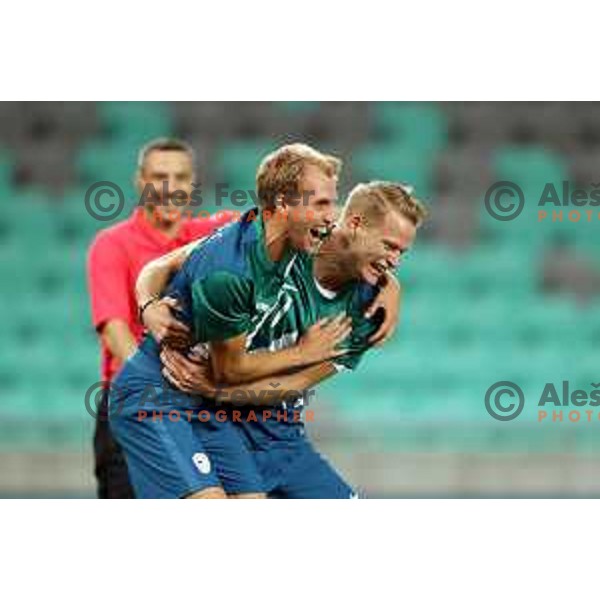 Zan Rudolf and Luka Janezic celebrate goal during Fundacija Miroslava Cerarja and OKS Charity football match in Arena Stozice, Ljubljana, Slovenia on October 1, 2021