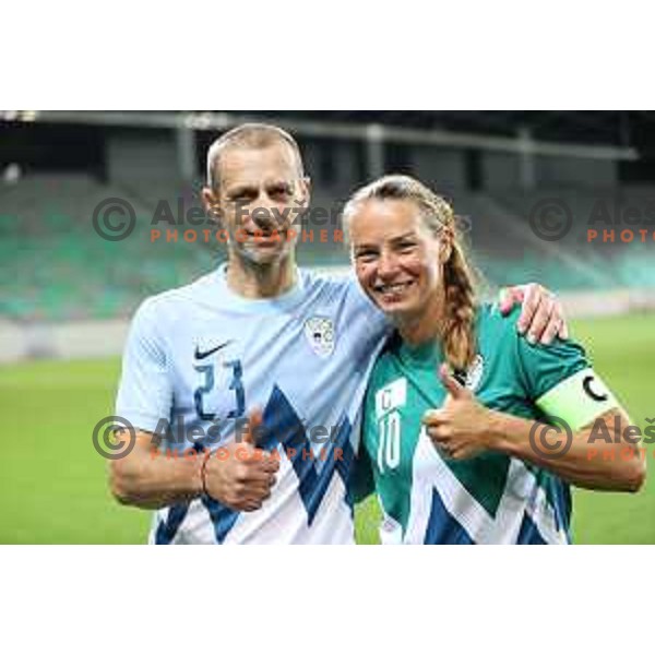 Aleksander Ceferin and Tina Maze during Fundacija Miroslava Cerarja and OKS Charity football match in Arena Stozice, Ljubljana, Slovenia on October 1, 2021