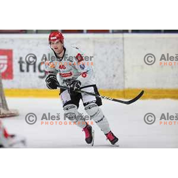 Nejc Stojan in action at Alps hockey league match between HDD Sij Acroni Jesenice and Asiago at Jesenice, Slovenia on October 5, 2021