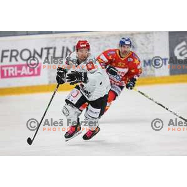 Ziga Urukalo in action at Alps hockey league match between HDD Sij Acroni Jesenice and Asiago at Jesenice, Slovenia on October 5, 2021