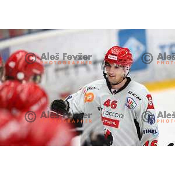 Nejc Stojan in action at Alps hockey league match between HDD Sij Acroni Jesenice and Asiago at Jesenice, Slovenia on October 5, 2021