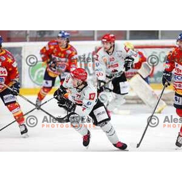 Nejc Brus in action at Alps hockey league match between HDD Sij Acroni Jesenice and Asiago at Jesenice, Slovenia on October 5, 2021