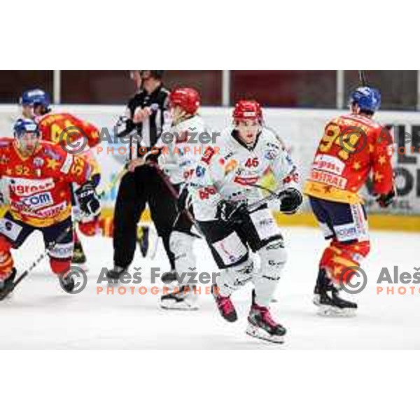 Nejc Stojan in action at Alps hockey league match between HDD Sij Acroni Jesenice and Asiago at Jesenice, Slovenia on October 5, 2021