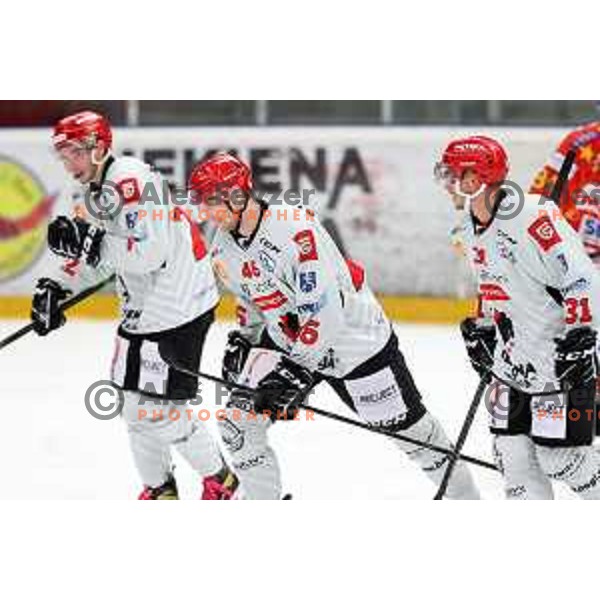 Nejc Stojan in action at Alps hockey league match between HDD Sij Acroni Jesenice and Asiago at Jesenice, Slovenia on October 5, 2021