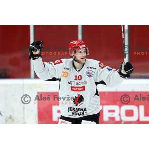 Jasa Jenko in action at Alps hockey league match between HDD Sij Acroni Jesenice and Asiago at Jesenice, Slovenia on October 5, 2021