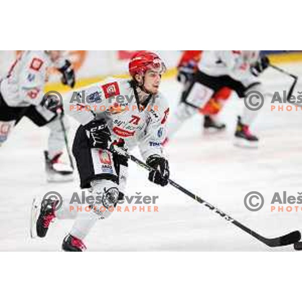 Nejc Brus in action at Alps hockey league match between HDD Sij Acroni Jesenice and Asiago at Jesenice, Slovenia on October 5, 2021