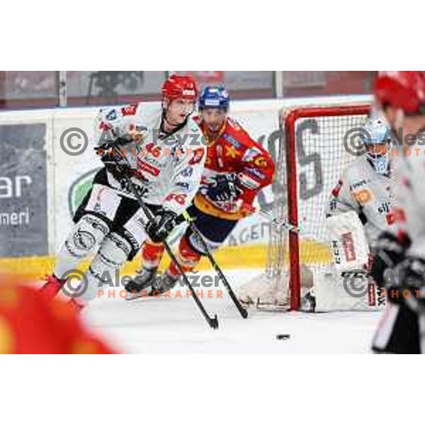 Nejc Stojan in action at Alps hockey league match between HDD Sij Acroni Jesenice and Asiago at Jesenice, Slovenia on October 5, 2021