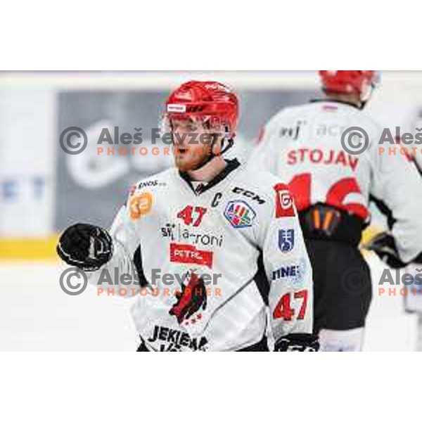Gasper Glavic in action at Alps hockey league match between HDD Sij Acroni Jesenice and Asiago at Jesenice, Slovenia on October 5, 2021