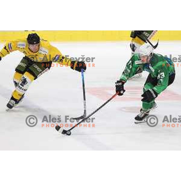 Luka Kalan in action during IceHL match between SZ Olimpija and Pustertal Wolfe in Ljubljana, Slovenia on October 8, 2021