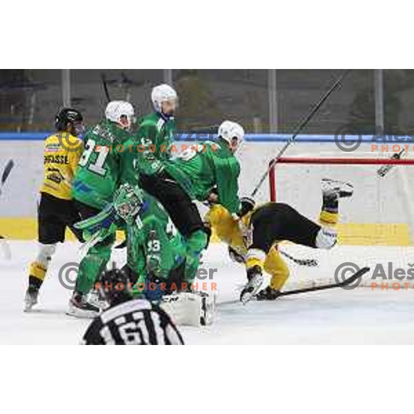 Zan Us, Tadej Cimzar and Miha Stebih in action during IceHL match between SZ Olimpija and Pustertal Wolfe in Ljubljana, Slovenia on October 8, 2021