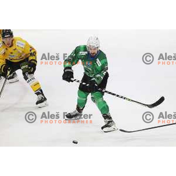 Nik Simsic of SZ Olimpija in action during IceHL match between SZ Olimpija and Pustertal Wolfe in Ljubljana, Slovenia on October 8, 2021