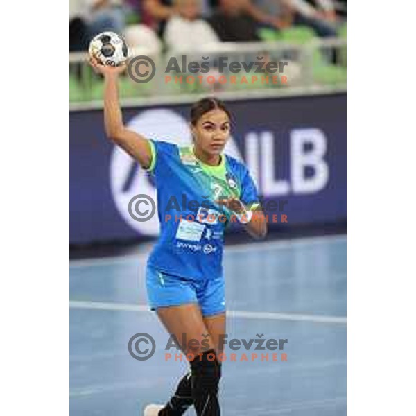 Elizabeth Omoregie in action during EURO Cup Women 2022 Group phase handball match between Slovenia and Norway in Ljubljana, Slovenia on October 10, 2021