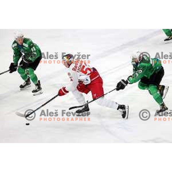 Gregor Koblar of SZ Olimpija in action during IceHL match between SZ Olimpija and Red Bulls Salzburg in Ljubljana, Slovenia on October 10, 2021