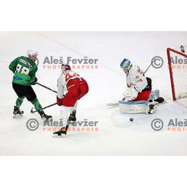 Blaz Tomazevic and Atte Tolvanen in action during IceHL match between SZ Olimpija and Red Bulls Salzburg in Ljubljana, Slovenia on October 10, 2021