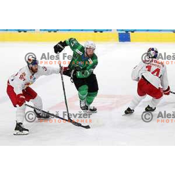 Zan Jezovsek of SZ Olimpija in action during IceHL match between SZ Olimpija and Red Bulls Salzburg in Ljubljana, Slovenia on October 10, 2021