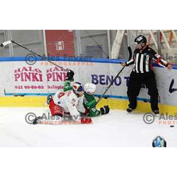 Blaz Tomazevic of SZ Olimpija in action during IceHL match between SZ Olimpija and Red Bulls Salzburg in Ljubljana, Slovenia on October 10, 2021