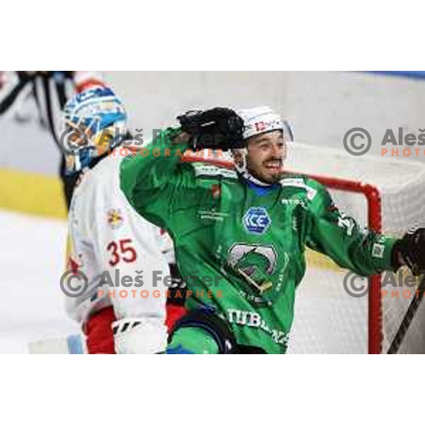 Gregor Koblar of SZ Olimpija in action during IceHL match between SZ Olimpija and Red Bulls Salzburg in Ljubljana, Slovenia on October 10, 2021