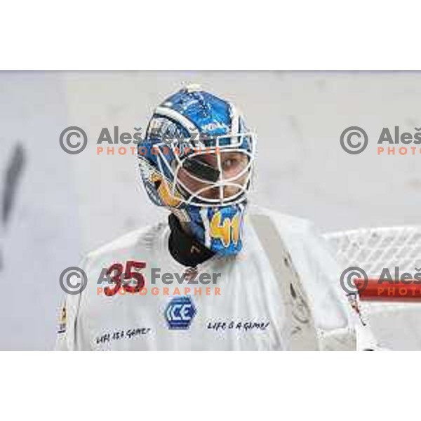 Atte Tolvanen in action during IceHL match between SZ Olimpija and Red Bulls Salzburg in Ljubljana, Slovenia on October 10, 2021