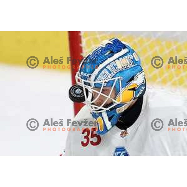Atte Tolvanen in action during IceHL match between SZ Olimpija and Red Bulls Salzburg in Ljubljana, Slovenia on October 10, 2021