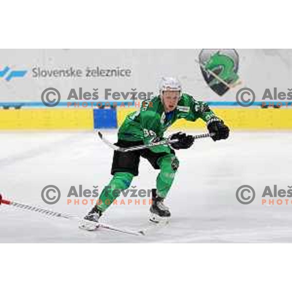 Blaz Tomazevic of SZ Olimpija in action during IceHL match between SZ Olimpija and Red Bulls Salzburg in Ljubljana, Slovenia on October 10, 2021