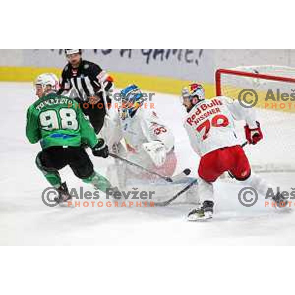 Blaz Tomazevic and Atte Tolvanen in action during IceHL match between SZ Olimpija and Red Bulls Salzburg in Ljubljana, Slovenia on October 10, 2021