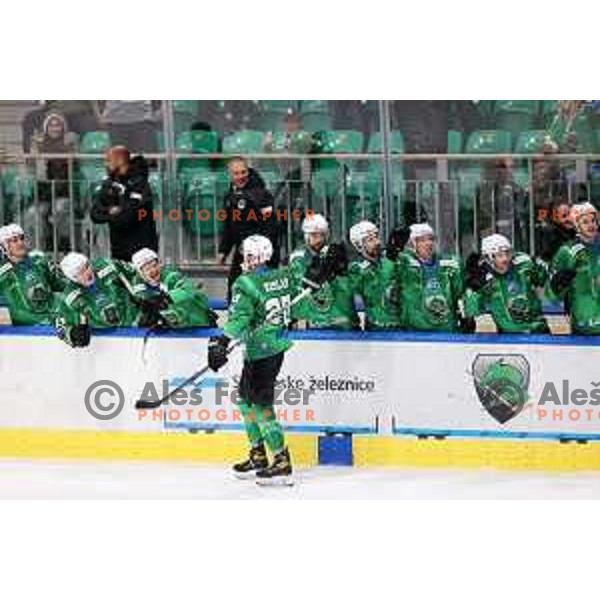 Gregor Koblar of SZ Olimpija in action during IceHL match between SZ Olimpija and Red Bulls Salzburg in Ljubljana, Slovenia on October 10, 2021