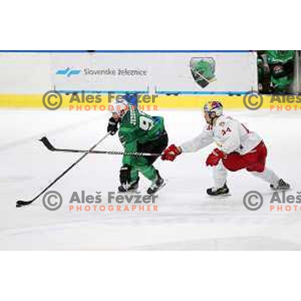 Zan Jezovsek of SZ Olimpija in action during IceHL match between SZ Olimpija and Red Bulls Salzburg in Ljubljana, Slovenia on October 10, 2021