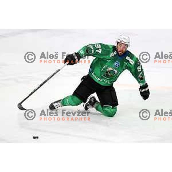 Zan Jezovsek of SZ Olimpija in action during IceHL match between SZ Olimpija and Red Bulls Salzburg in Ljubljana, Slovenia on October 10, 2021