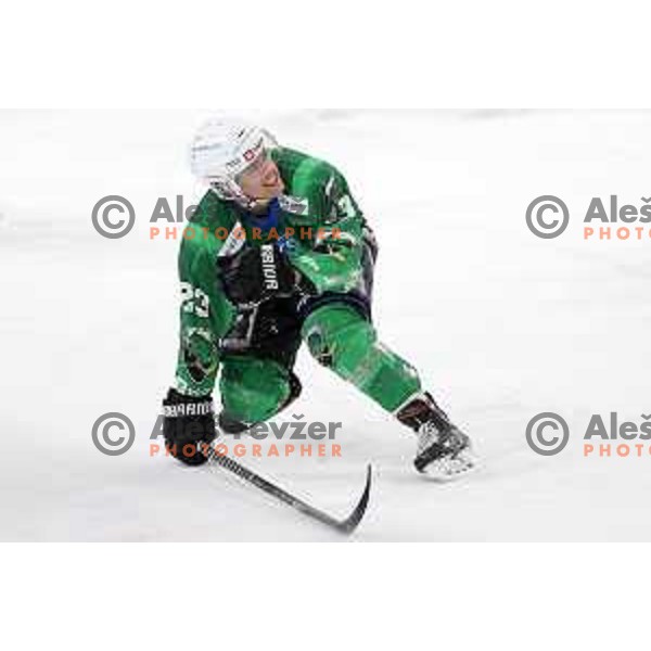 Jaka Sodja of SZ Olimpija in action during IceHL match between SZ Olimpija and Red Bulls Salzburg in Ljubljana, Slovenia on October 10, 2021