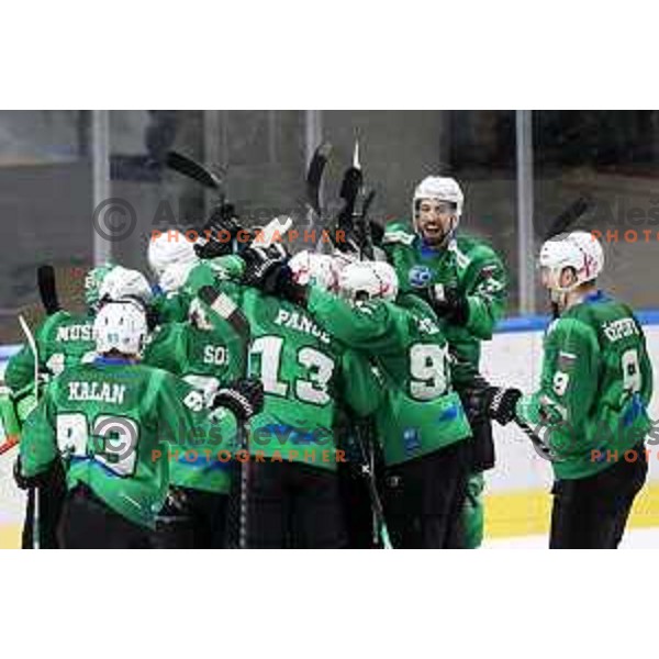 Players of SZ Olimpija celebrate victory during IceHL match between SZ Olimpija and Red Bulls Salzburg in Ljubljana, Slovenia on October 10, 2021
