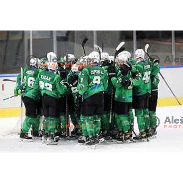 Players of SZ Olimpija celebrate victory during IceHL match between SZ Olimpija and Red Bulls Salzburg in Ljubljana, Slovenia on October 10, 2021