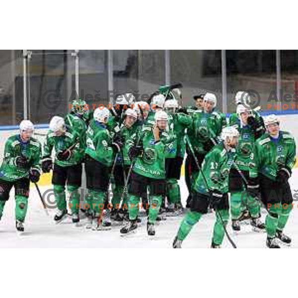 Players of SZ Olimpija celebrate victory during IceHL match between SZ Olimpija and Red Bulls Salzburg in Ljubljana, Slovenia on October 10, 2021