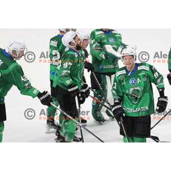 Players of SZ Olimpija celebrate victory during IceHL match between SZ Olimpija and Red Bulls Salzburg in Ljubljana, Slovenia on October 10, 2021