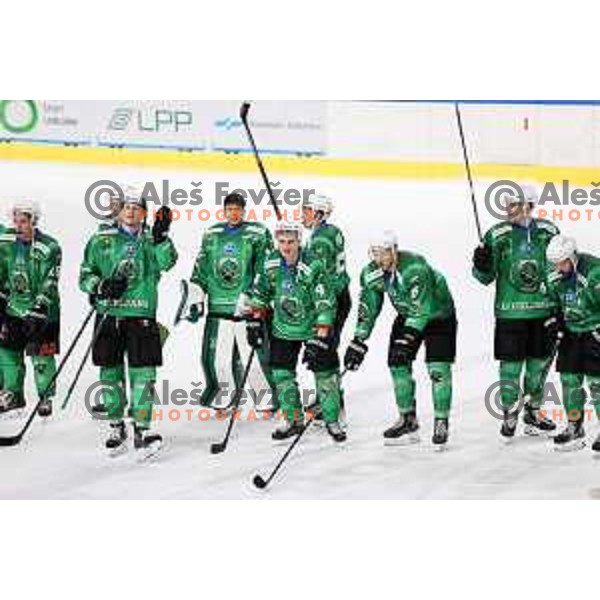 Players of SZ Olimpija celebrate victory during IceHL match between SZ Olimpija and Red Bulls Salzburg in Ljubljana, Slovenia on October 10, 2021