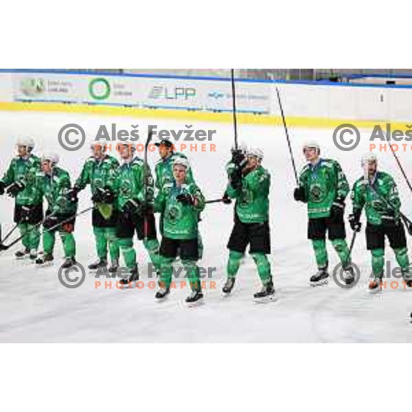 Players of SZ Olimpija celebrate victory during IceHL match between SZ Olimpija and Red Bulls Salzburg in Ljubljana, Slovenia on October 10, 2021