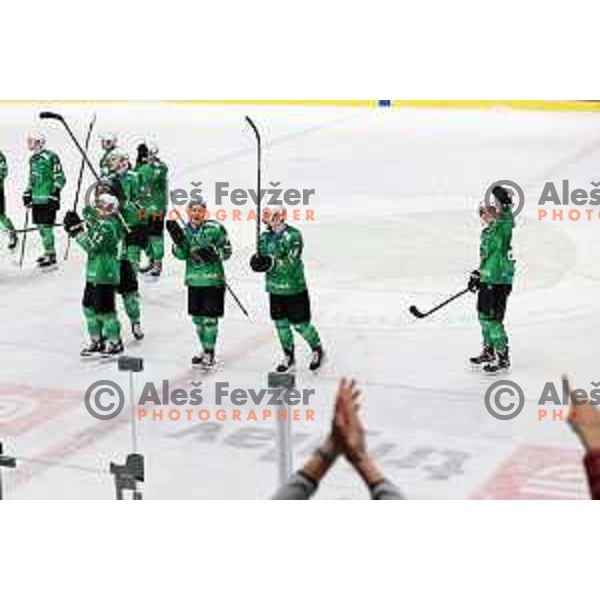 Players of SZ Olimpija celebrate victory during IceHL match between SZ Olimpija and Red Bulls Salzburg in Ljubljana, Slovenia on October 10, 2021